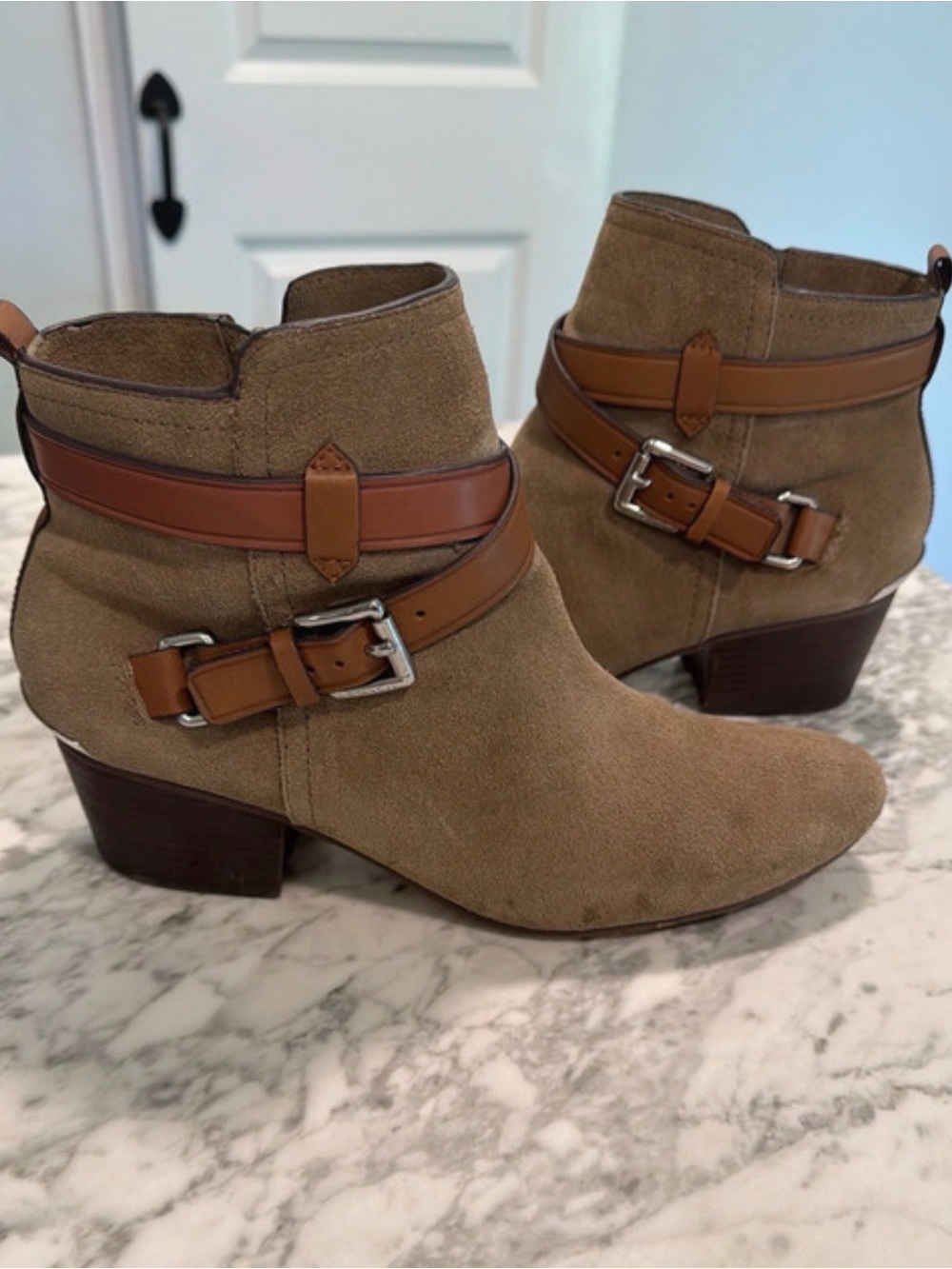 Coach Tan Suede Ankle Booties with Cognac Leather Straps - Picture 2 of 7